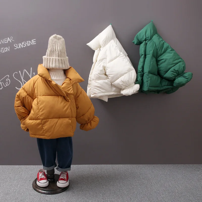 Детский однотонный пуховик с воротником стойкой на молнии|Пальто и парки| |
