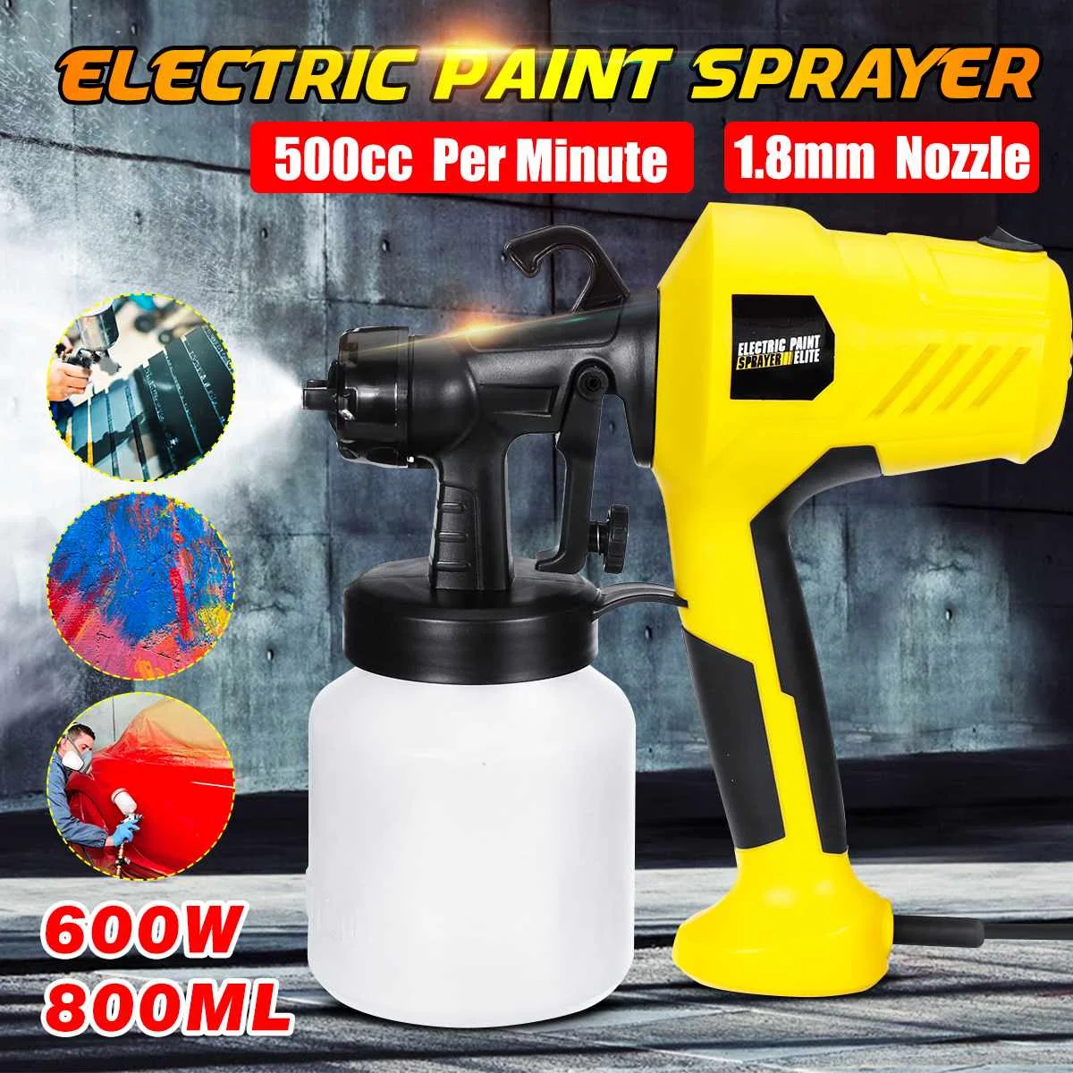 

600W Electric Spray Gun With 1.8mm Nozzle Funnel High Power Household Paint Sprayer Airbrush Multi-direc Yellow 800ML Spray Gun