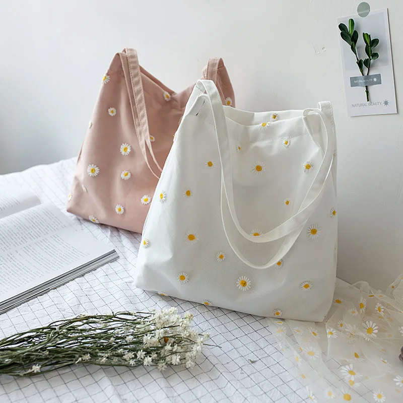 

Korean version of fresh girls lace mesh small daisy canvas all match large capacity shoulder bag tote bag