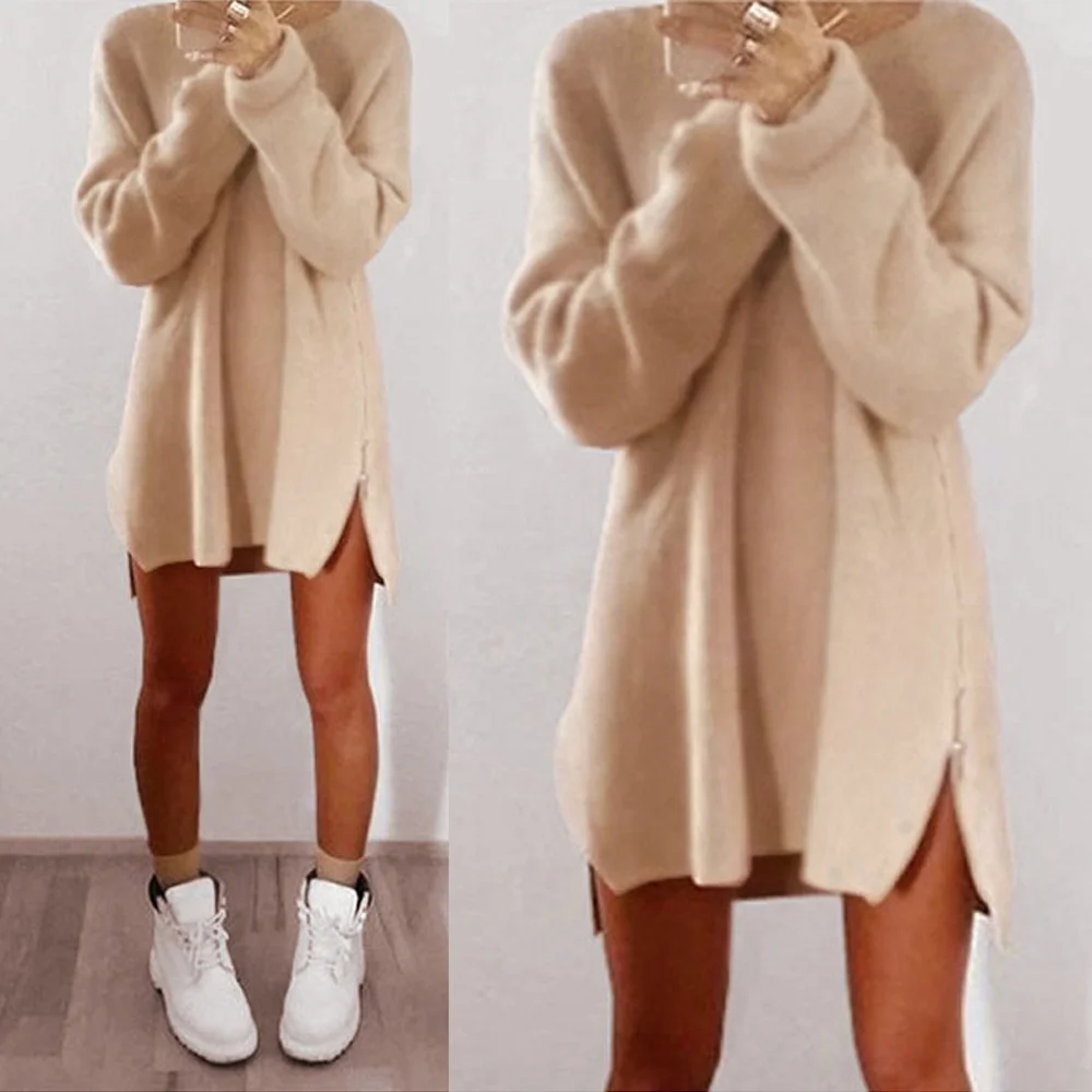 

Autumn Winter Knitted Dress Loose Elastic Long Sleeve Lady Zipper Sweater