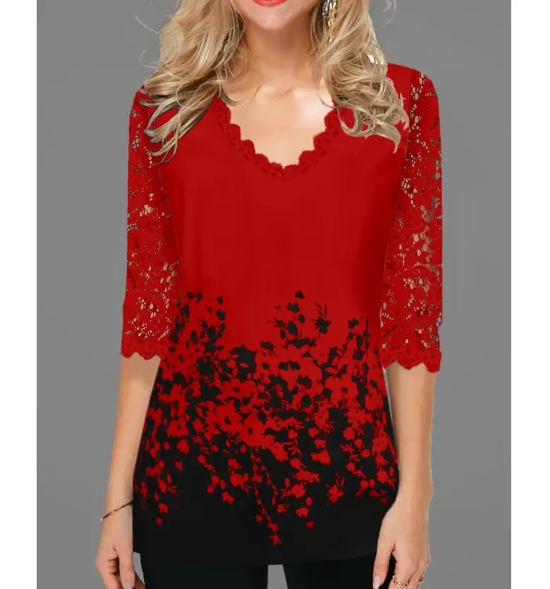 

Plus Size 4xl 5XL Shirt Blouse Female 2020 Spring New Tops V-neck Half Sleeve Lace Splice Print Boho Women shirt