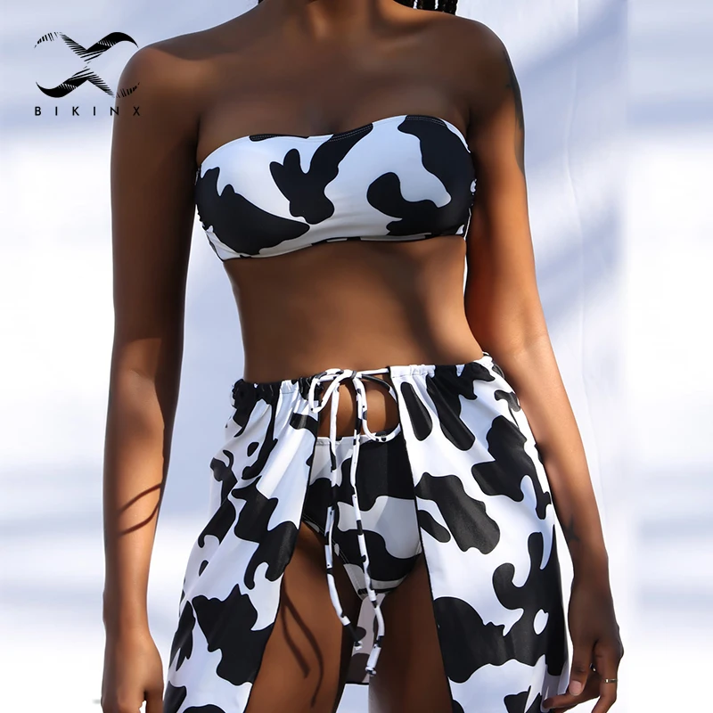 

Bandeau push up women swimsuit Cow print bikini set 3 pieces skirt swimwear High waist bathing suit Sexy beach wear Biquini New