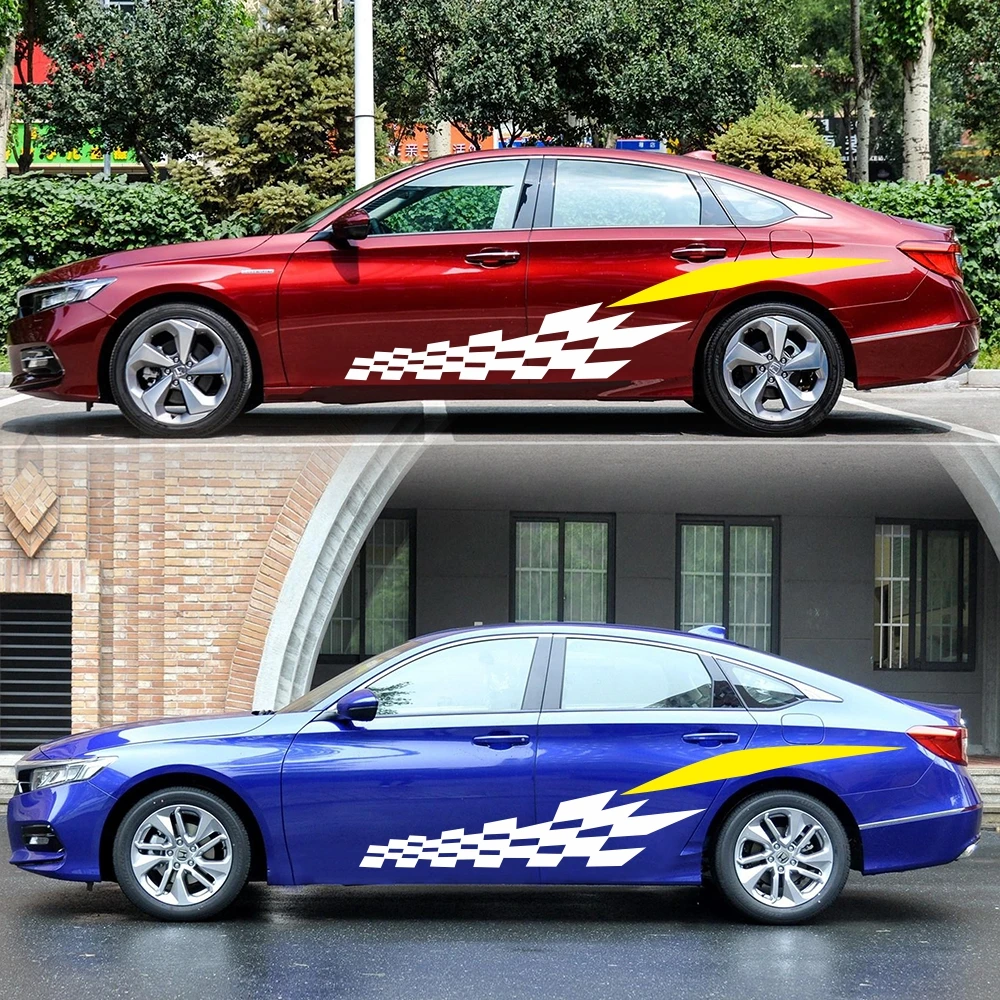 

olevo Universal 2pcs Car Styling Sticker Car Waist Side Skirt Stickers Decal Auto Body Stickers Race Check Flag Car Accessories
