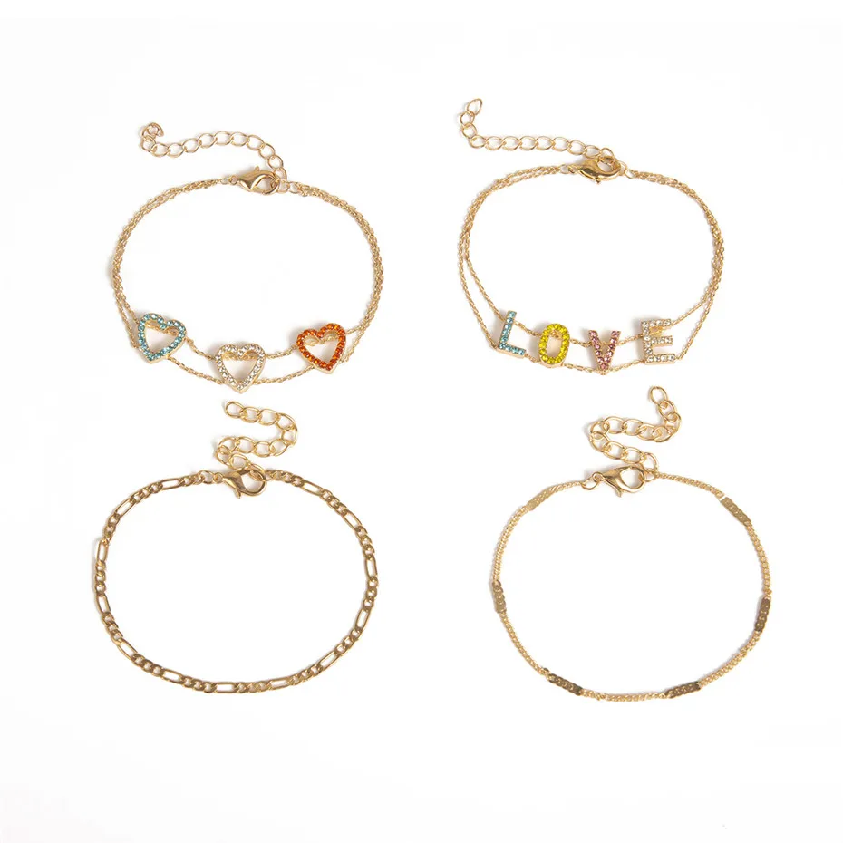 Bracelet Set Ingemark в Корейском стиле с украшением в виде кристаллов, браслет в виде сердца, комплект ювелирных изделий Очаровательные браслет 4 шт./компл. Для женщин Шарм Красочные Браслет возлюбленной, ювелирное изделие для пары - Окраска металла: Bracelet Set
