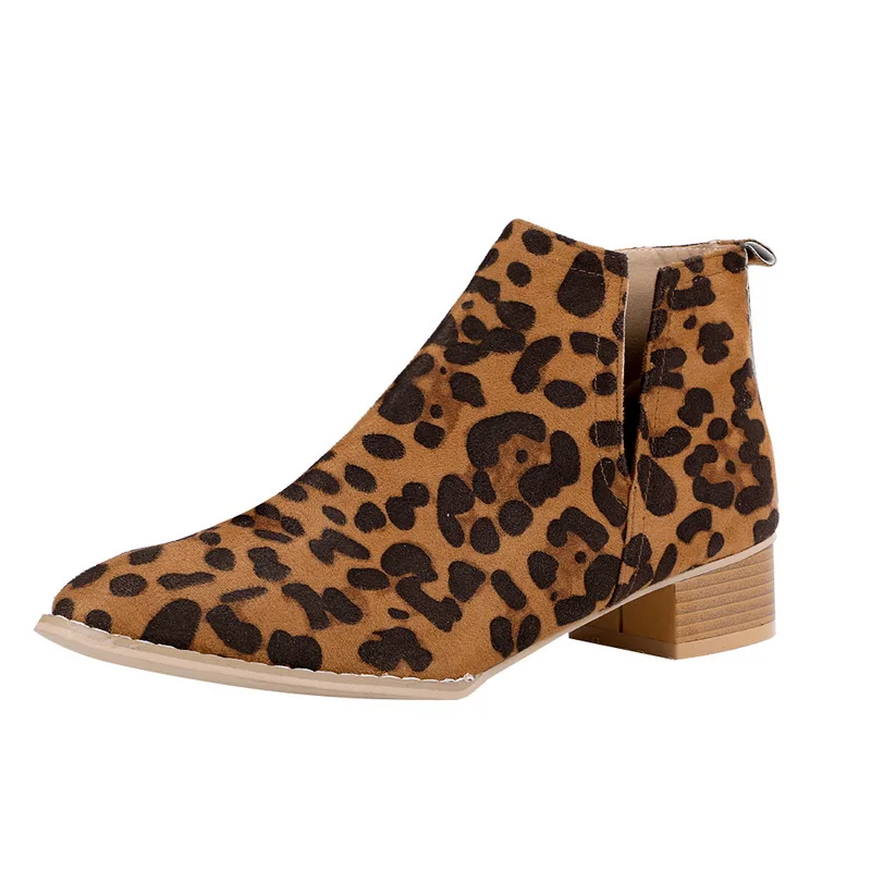 leopard Slip On Women Ankle Boots Pointed Toe PU Leather Low Heels Shoes Woman Booties Sexy High Heels Size 35-43 - Цвет: leopard