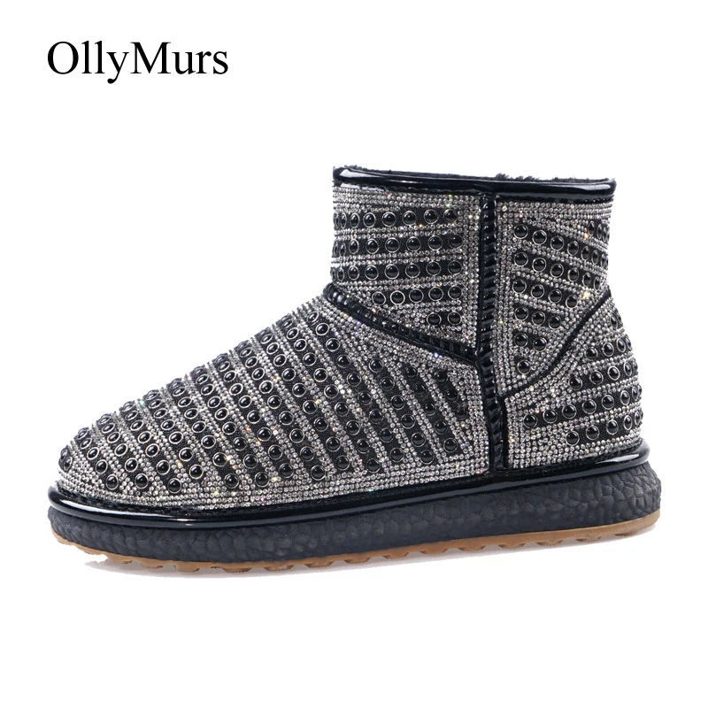 Стразы женские теплые ботинки с блестящими кристаллами зимние женская обувь из