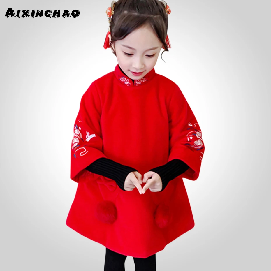 Пальто для девочек красное шерстяное пальто детская верхняя одежда с цветочной