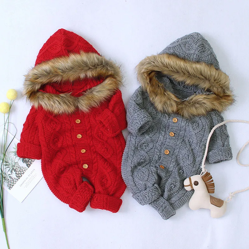 

Newborns Knitted Rompers 2020 Autumn Winter Children's Hooded Woolen Neck Knit Sweater Onesie Cute Baby Boys and Girls Clothes