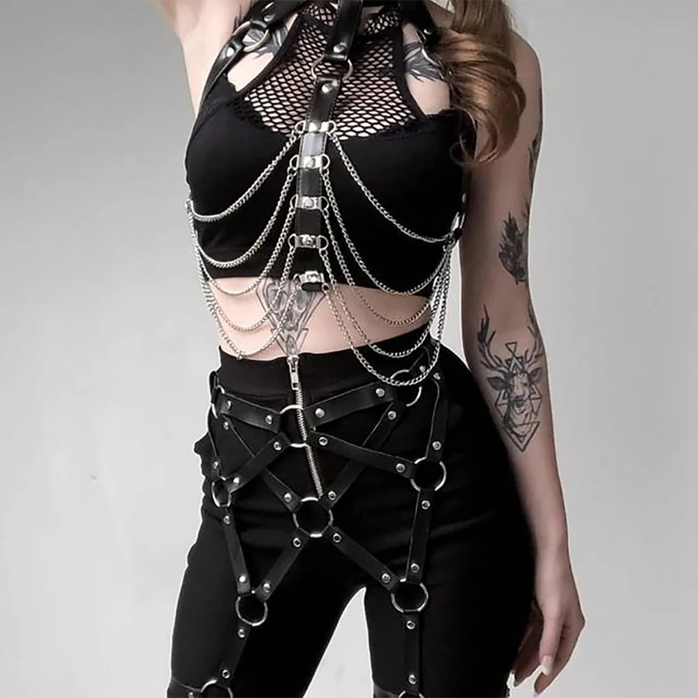 

Sexy Leather Fashion Harness Chains Chest Straps Sets Women Bra Body Bondage Underwears Goth Erotic Lingerie Harajuku Sword Belt