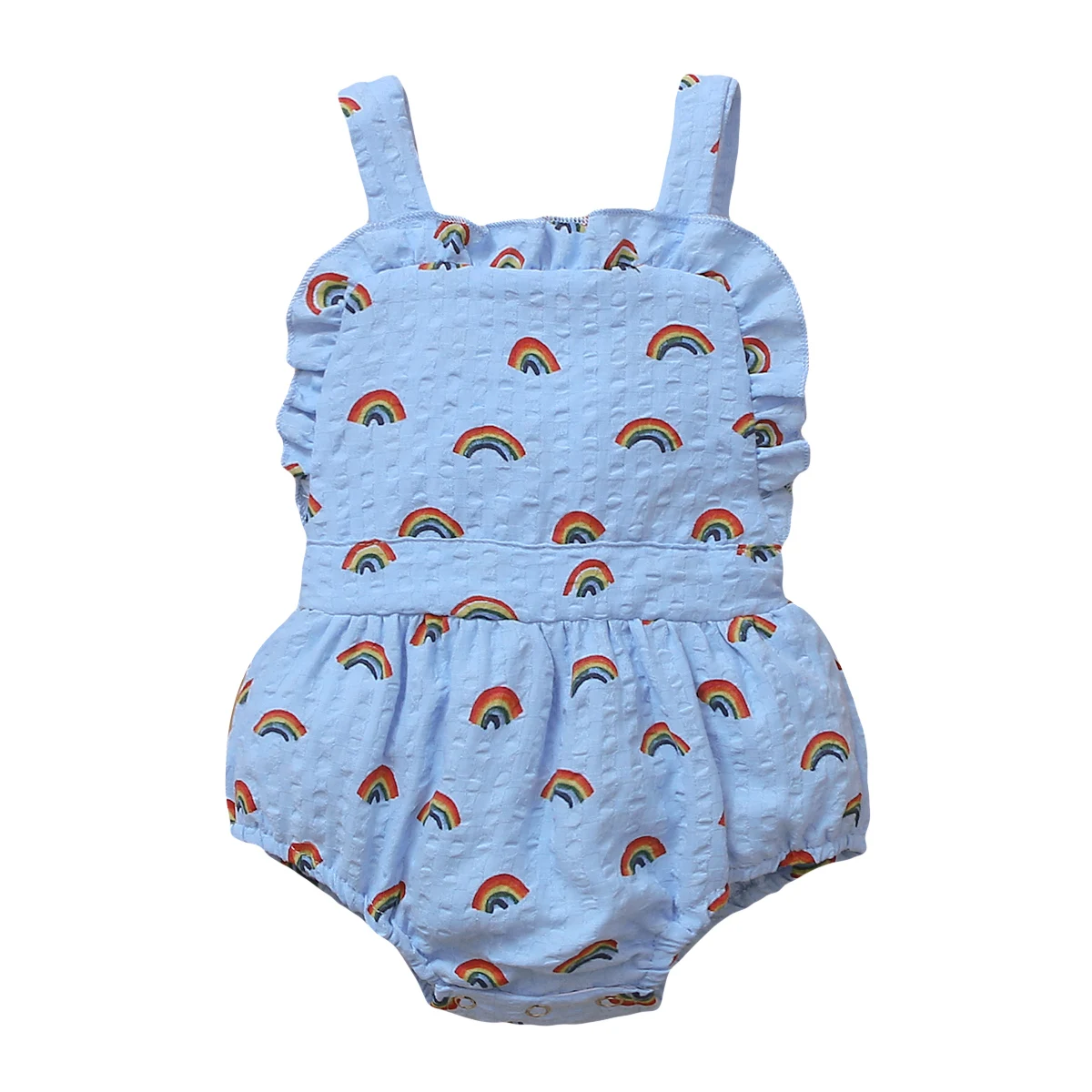

2021 New Summer 0-18M Baby Girl Rainbow Print Ruffled Bodysuit Sleeveless Back Bow Toddler Infant Newborn Clothes 4 Colors