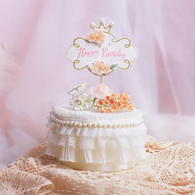 

Happy Birthday Cake Topper Pink Flowers Butterfly Bow Cupcake Toppers Dessert Decorations Girl's Birthday Party Decor Kids Adult
