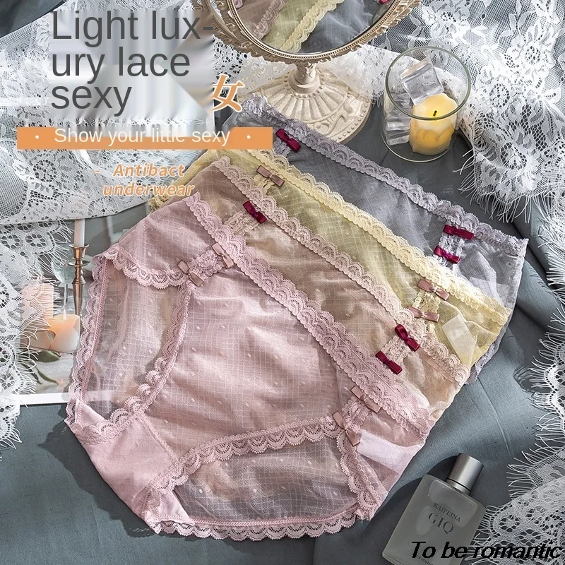 

New Lace Underwear Women's Sexy See-through Mesh Purified Cotton Briefs High Quality 2 Pack