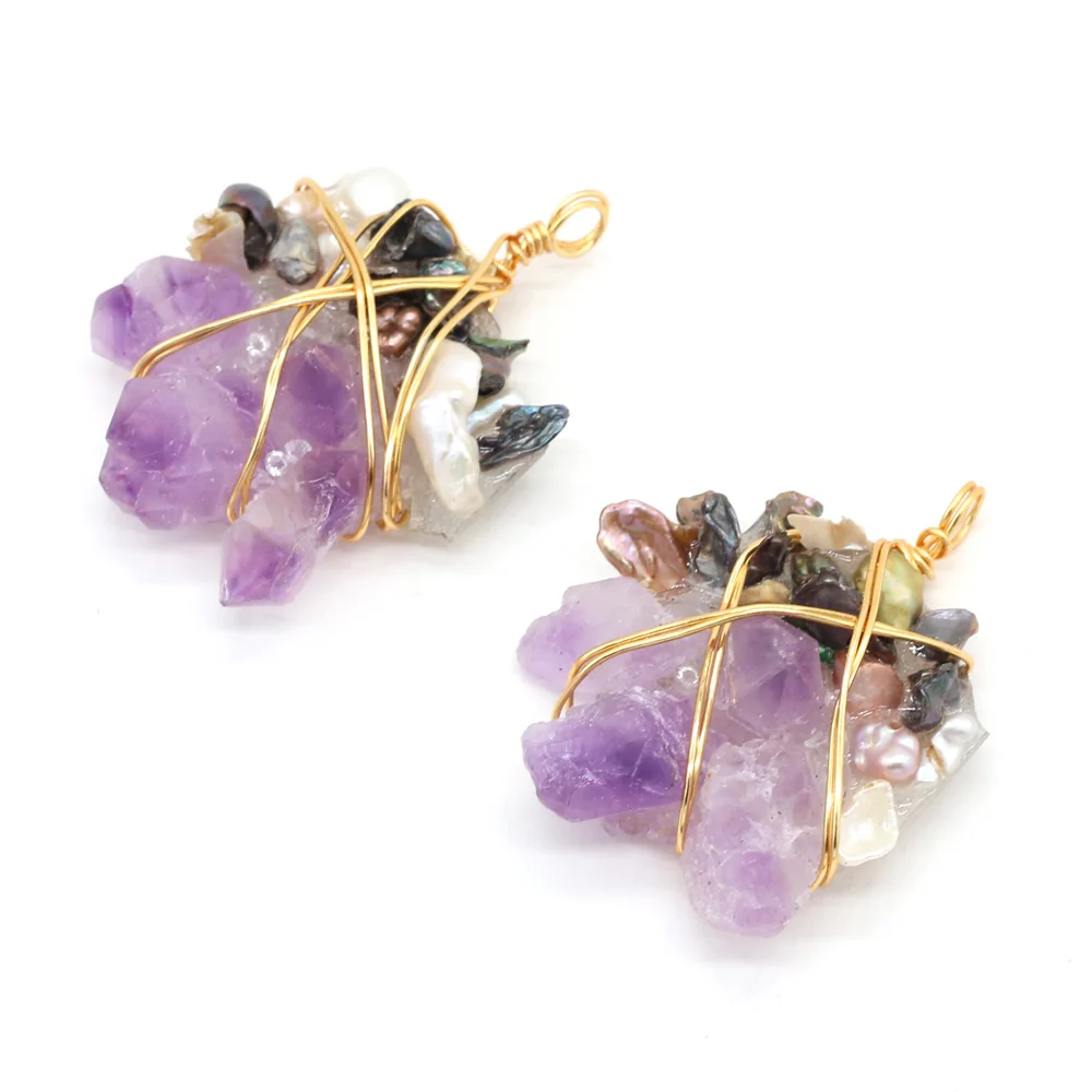 

Natural Irregular Shaped Amethyst Freshwater Pearl Pendant Copper Wire Winding Charms Jewelry Making DIY Earrings Necklace