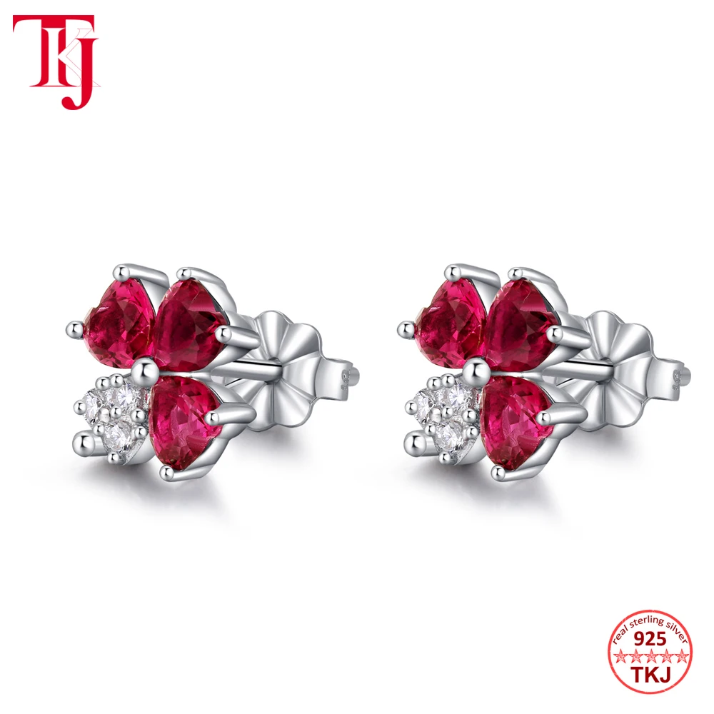 

TKJ 2 Pair Flower Stud Earrings Components For Women Red Color Cubic Zircon Ruby 925 Sterling Silver Ear Rings