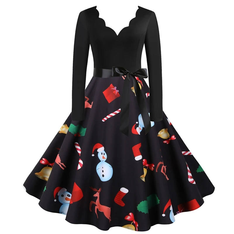 

Kili Women's Fashion Christmas Long Sleeve Burning Flower V-Neck Printed Dress