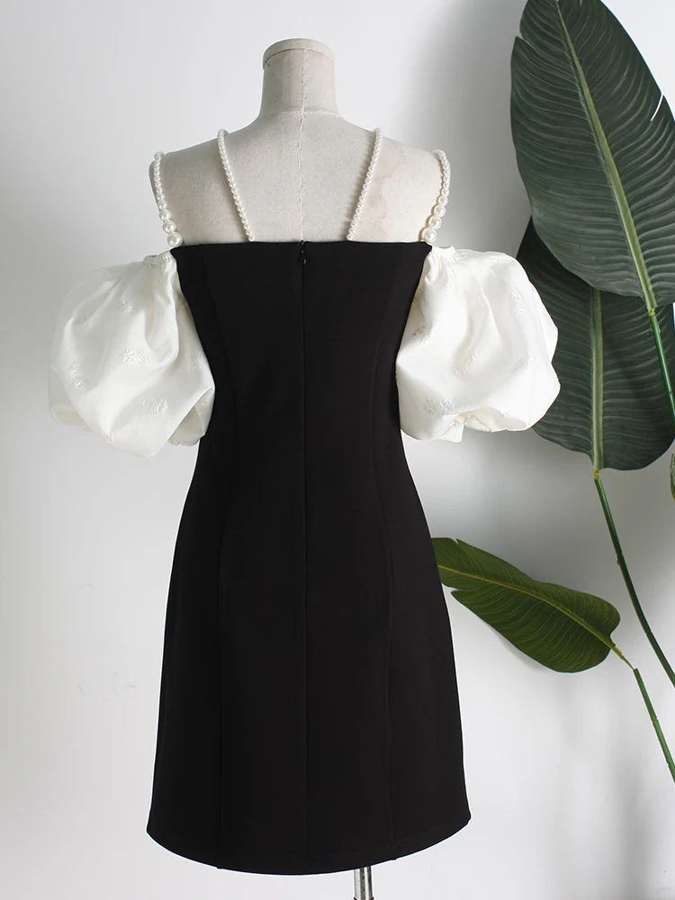 

Niche design one-line neck strapless puff sleeves Slim pearl summer new style suspender dress waist small skirt women