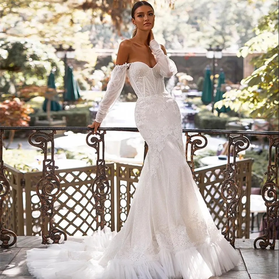 

2021 Mermaid Wedding Dresses Lace Appliqued Ruffles Custom Made Long Sleeves Bridal Gowns Country Style Robe De Soirée
