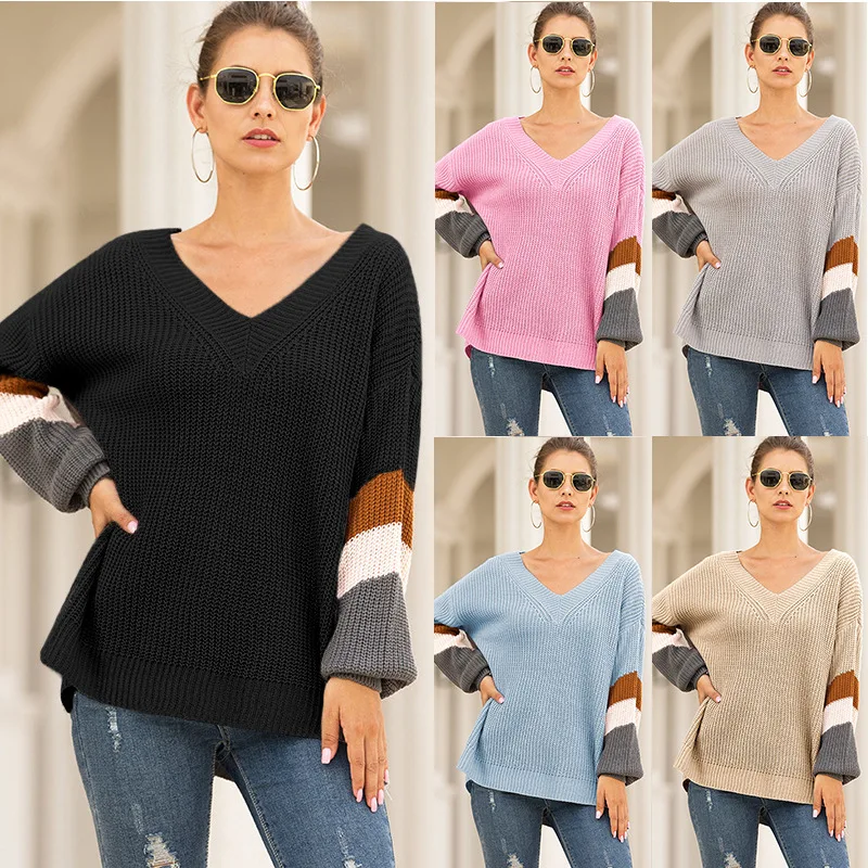 

2020 New Style for Autumn and Winter Sweater Female Autumn and Winter V-neck deng long xiu Stripe Spell Color Sweater
