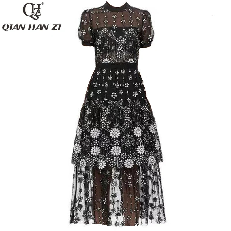 

Qian Han Zi summer fashion runway Maxi dress Women's Retro Ruffled Mesh High Quality Party Embroidered Sequin Long Dress