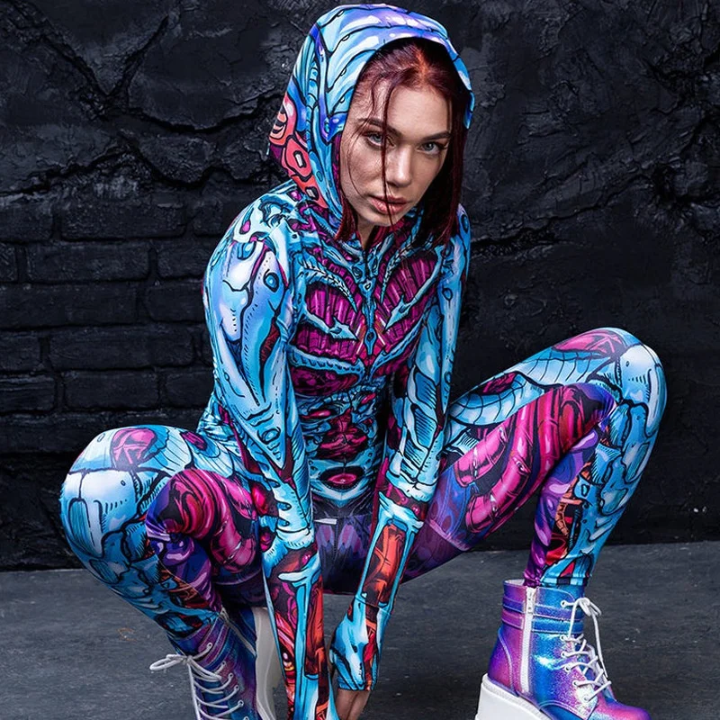 

Halloween Costumes Skeleton Bodysuit Women Scary Skeleton Jumpsuit Skeleton Print Zombie Cosplay Full Sleeve Autumn Winter 2021