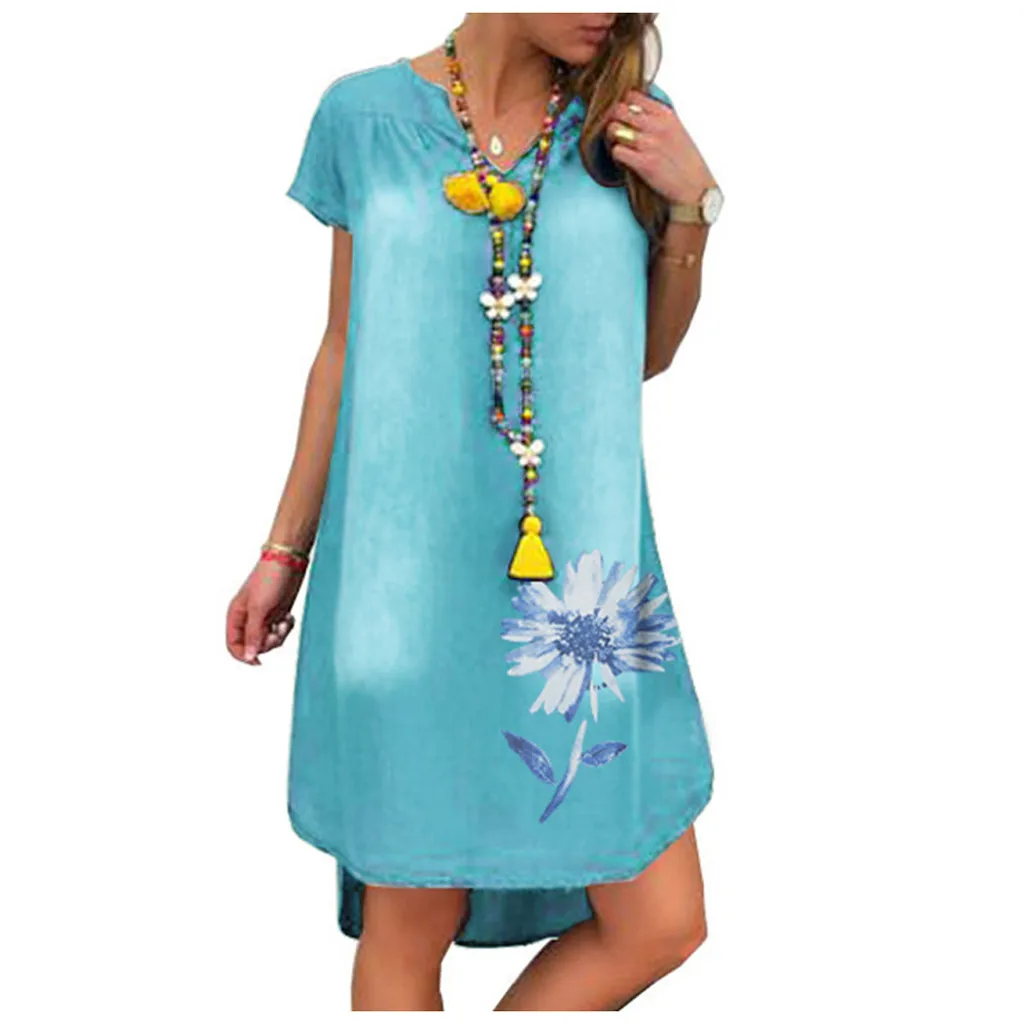 Женское платье-багги Повседневное платье-туника с коротким рукавом и цветочным