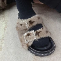 explosive plush leather mink slippersone word furleopard printfurry women%e2%80%b2s net red platform sandals and slippers