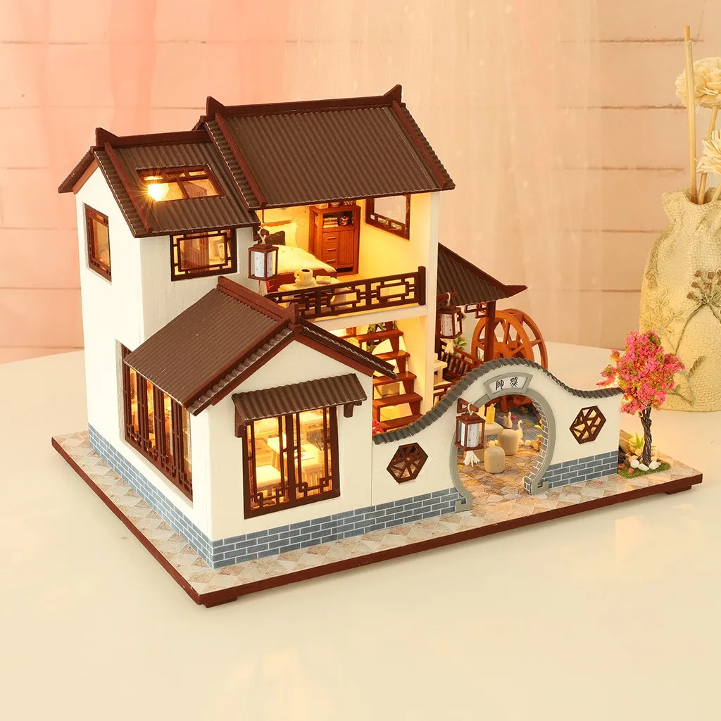 Большой 3d деревянные кукольные домики Миниатюрный Кукольный Домик Diy с мебели светодиодный свет дом Мечта в древнем городе девушки подарок на день рождения