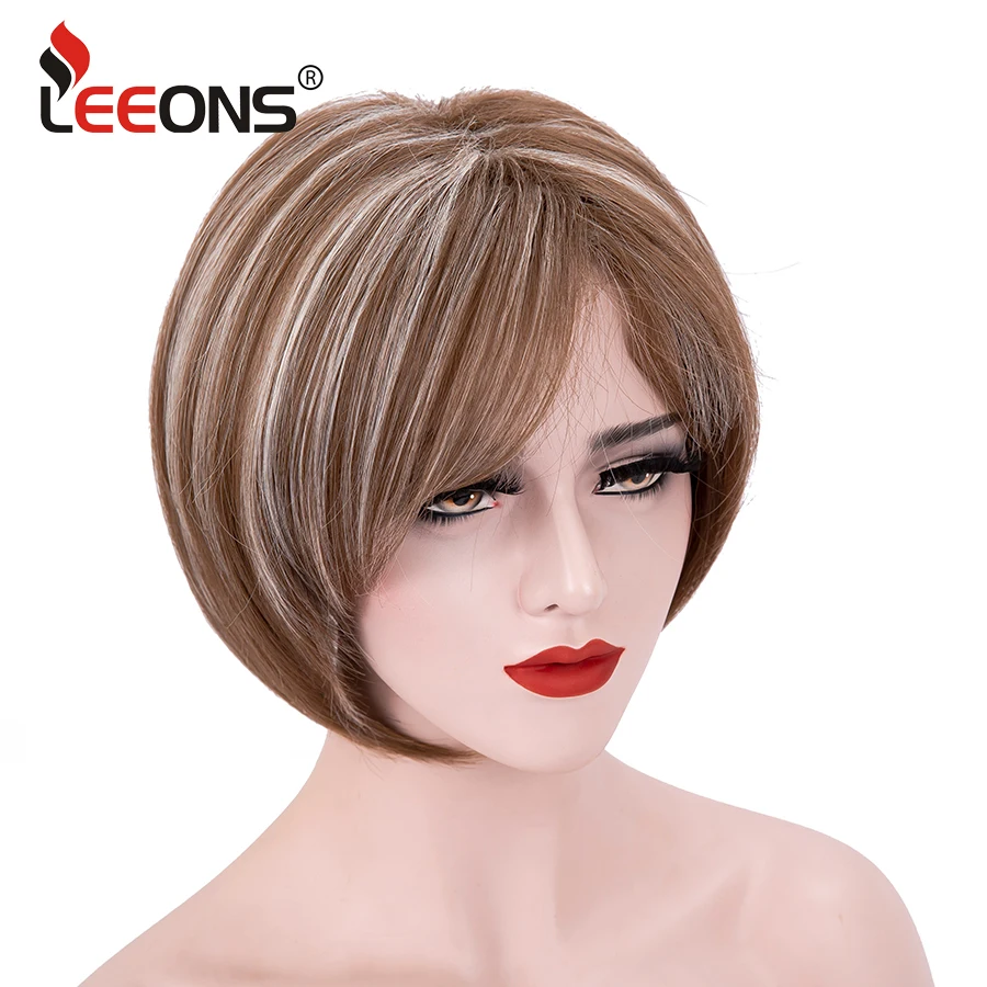 

Leeons Brown Wigs For Women Short Straight Bob Blonde Highlights Wig With Bangs Natural Synthetic Hair Wigs For Daily Wear Wigs