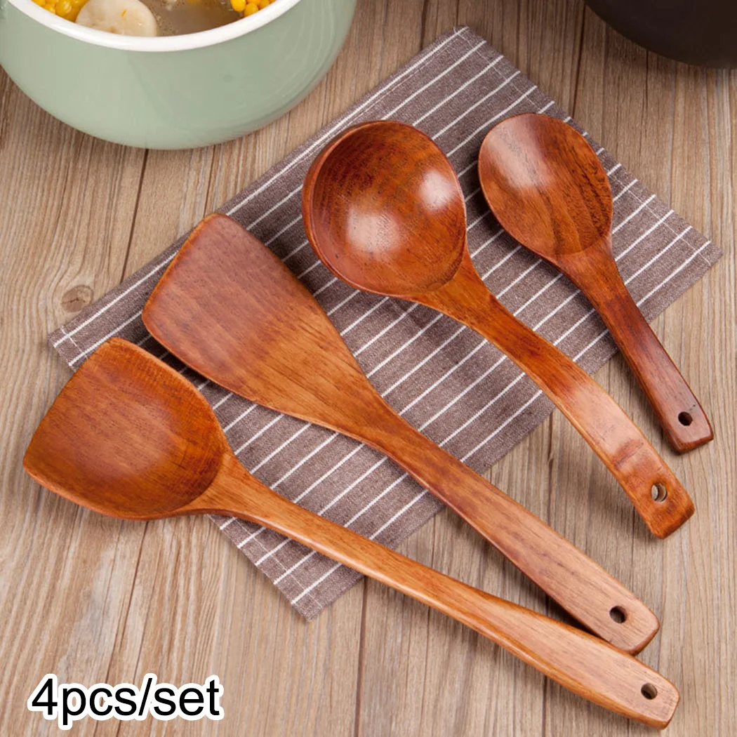 

Dining Spatula 4pcs Scratch-free Non-Stick Wooden Spoon Rice Colander Soup Skimmer Cooking Spoons Scoop Kitchen Tool Set Turner