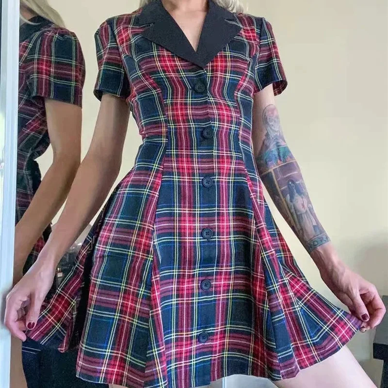 

2021 Fashion Burgundy Navy Blue Tartan Print Ladies Dress Street Wear Center Button Short Sleeve Summer Vestidos Ladies Dress