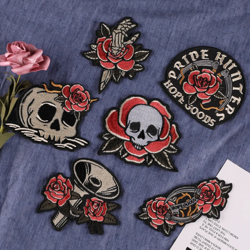 

6PCS Prajna Punk Rose Skull Badges Embroidered Patches For Clothes Applique Jacket DIY Bikker Iron On Patches For Clothing