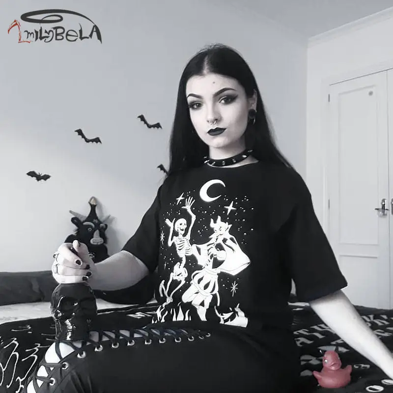 Imily Bela Готическая футболка с принтом черепа дьявола женская повседневная черная