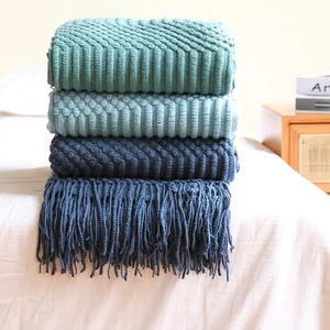 DIMI Soft Lightweight Cozy Textured Blankets Blue Throw Blanket for Couch Sofa Bed Decorative Knitted Blanket with Tassels