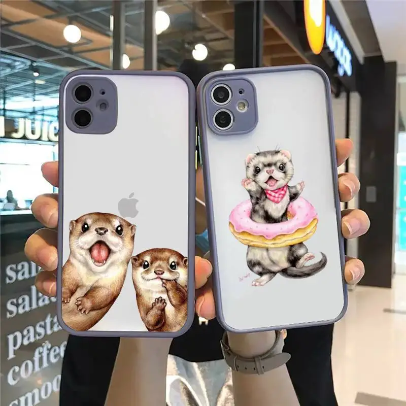 

Cute cartoon otter Camera Protection Bumper Case For iPhone 12 11 Pro XS Max XR X 8 7 Plus Translucent Matte Shockproof Cover