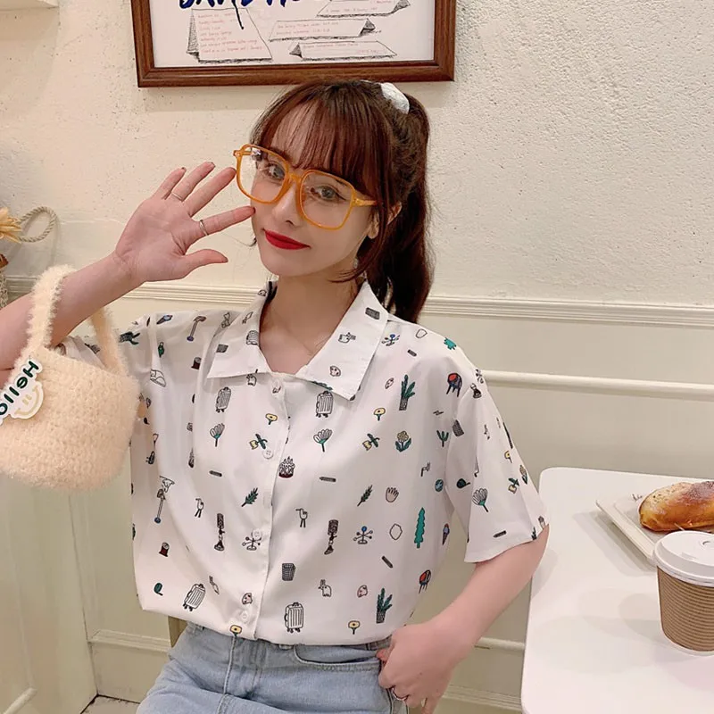 

New Blouses Fashion Wild Cartoon Print Short-sleeved Shirt Female Chiffon Shirt White