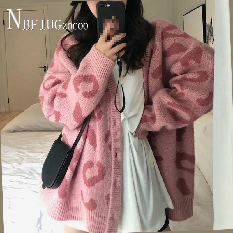 

Leopard Knitting Women Cardigan Autumn New Lazy Style V Neck Female Sweaters