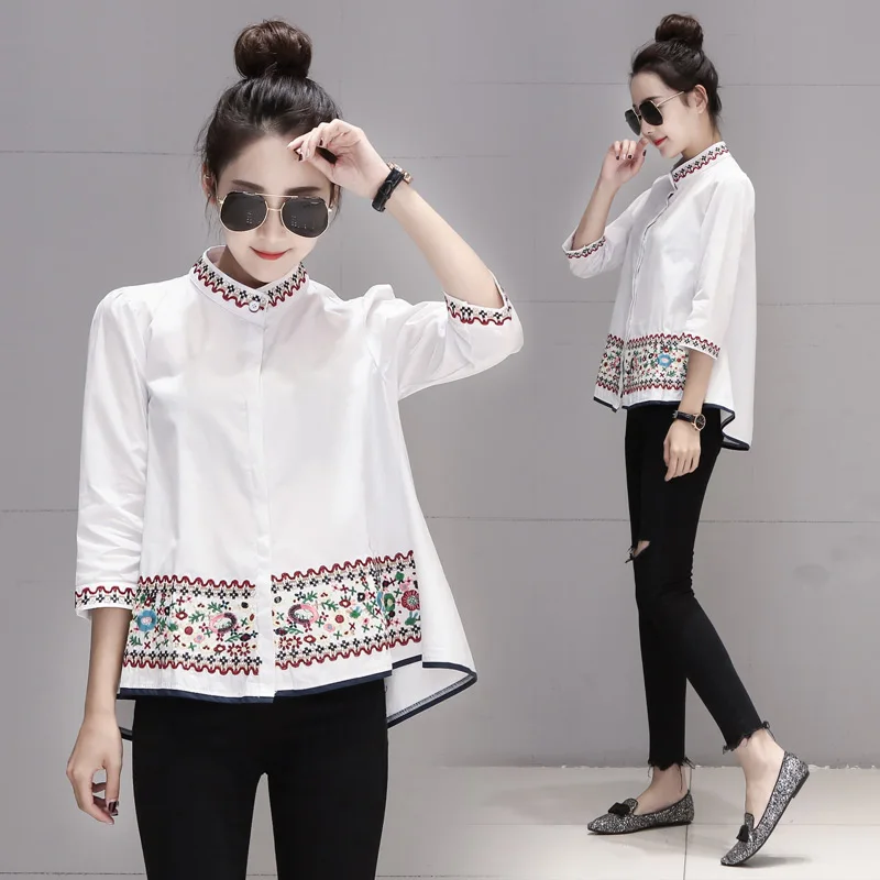 

Spring new shirt women's three-quarter sleeve embroidered A-line shirt top fashion blusa feminina casual clothes for women