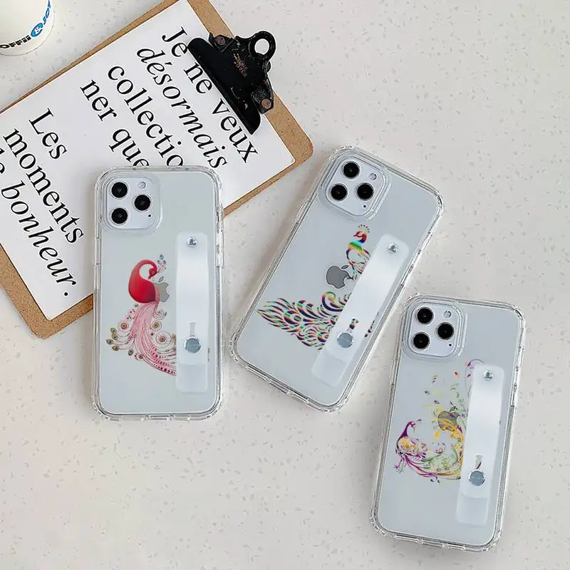 

animal peacock Phone Case Wrist Strap For iPhone 7 8 11 12 X XS XR MINI Pro Max Plus Hand Band Transparent Clear