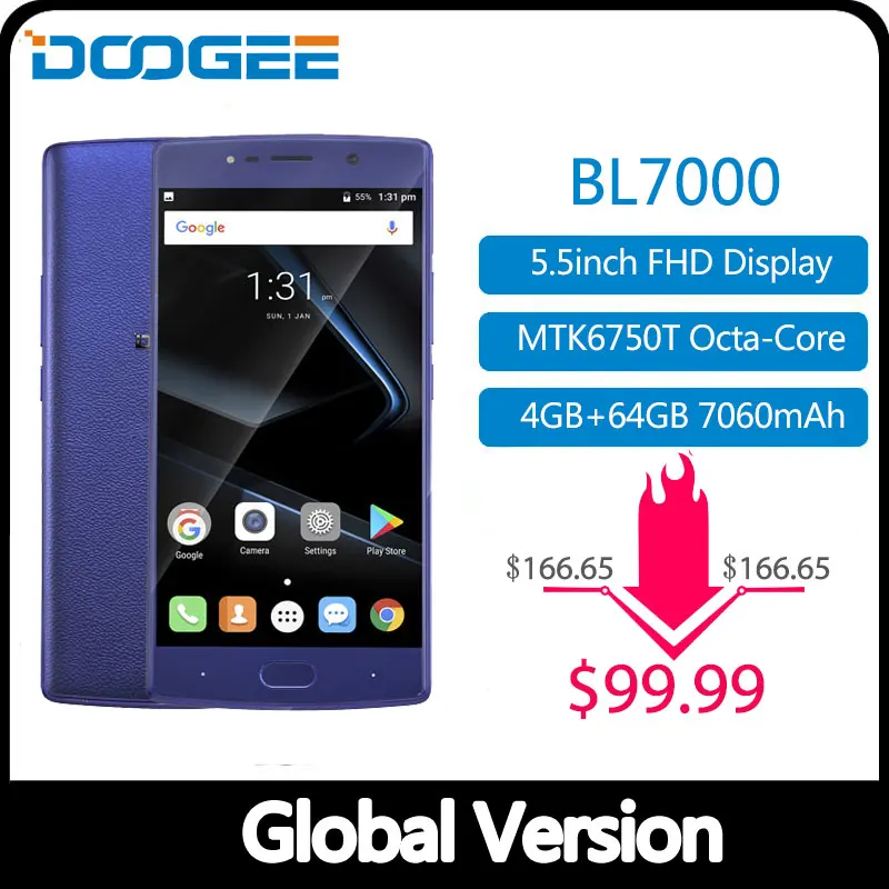 DOOGEE BL7000 7060 мАч 12V2A Быстрая зарядка 5,5 ''FHD MTK6750T Восьмиядерный 4 Гб ОЗУ 64 Гб ПЗУ смартфон Двойная камера 13,0 МП Android 7,0