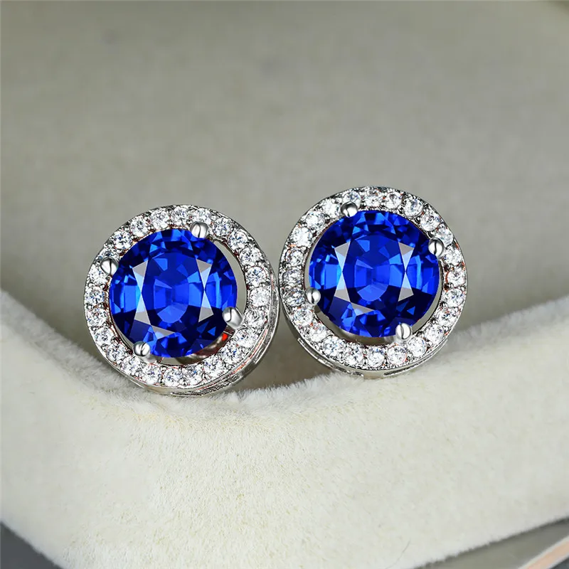 

Female Gorgeous Purple Crystal Earrings Simple Fashion Round Stone Small Earrings Vintage Silver Color Stud Earrings For Women