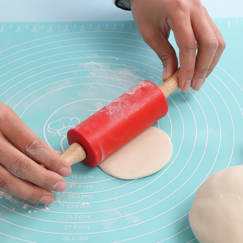 Силиконовая Скалка с деревянной ручкой не прилипающий ролик для теста печенья