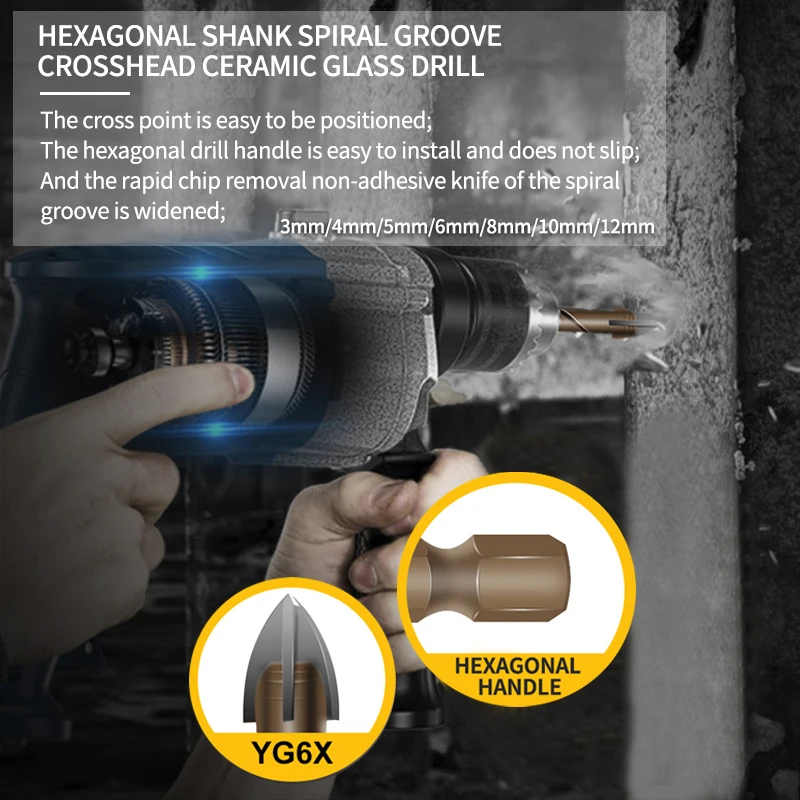 

1/5/7Pcs/set Cross Hex Tile Bits Glass Ceramic Concrete Hole Opener Kit Hard Alloy Triangle Drill Size 3/4/5/6/8/10/12 MM