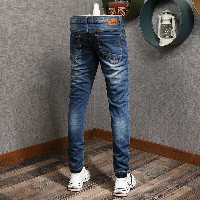Mens Korean Style Blue Jeans Men Fashion Scratched Slim Fit Pencil Pants Cotton Denim Trousers