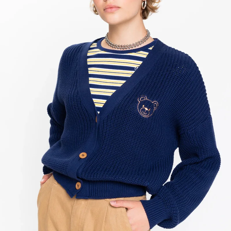 

Zoulv 2020 Autumn/Winter Women's Cute Letter Bear Embroidery V-neck Sweater Short Warm Casual Loose Sweater All-match Cardigan