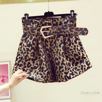 leopard print shorts woman 2021 summer new fashion high waist wide leg casual female lady short trousers with belt