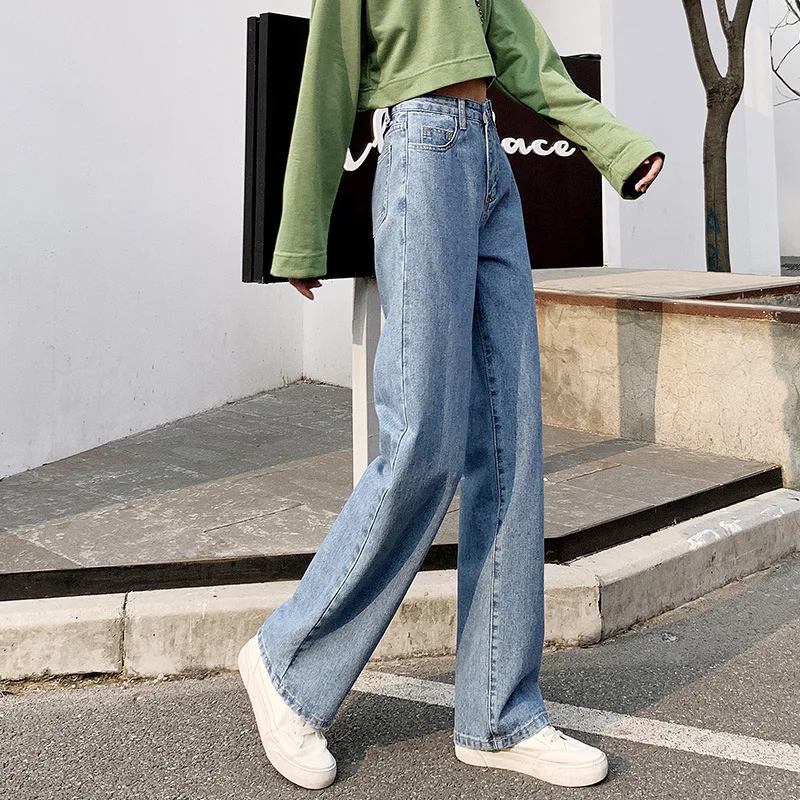 

Джинсы Женские однотонные, винтажные широкие брюки из денима с завышенной талией, простые студенческие универсальные свободные модные шик...