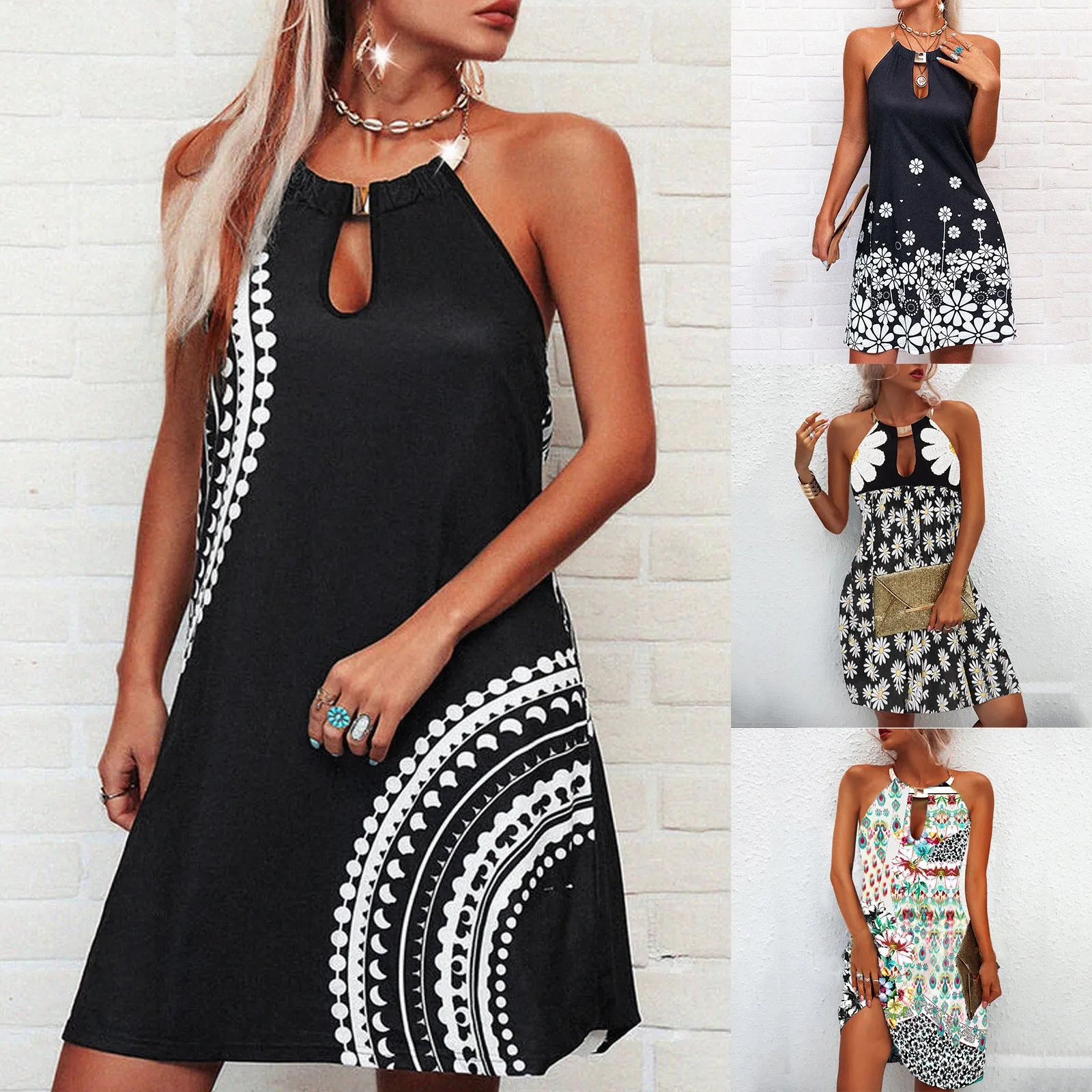 

Flower Dress Fashion Women's Summer Casual Metal Hanging Neck Printed Strapless Dress Loose Beach Mini Dress deniz elbiseleri