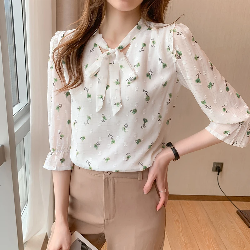 

Chiffon Blouses Print Floral Women 2021 Summer Tops Butterfly Sleeve Female Shirts Bow Elegant Casual Clothing Blusas #H95