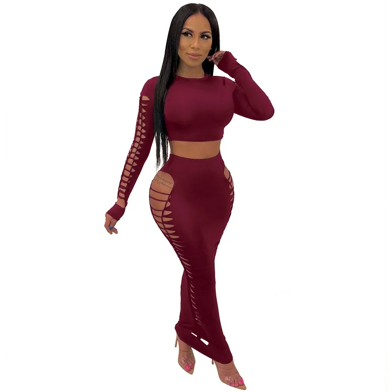Сексуальный женский костюм с вырезами короткий топ длинным рукавом и длинная