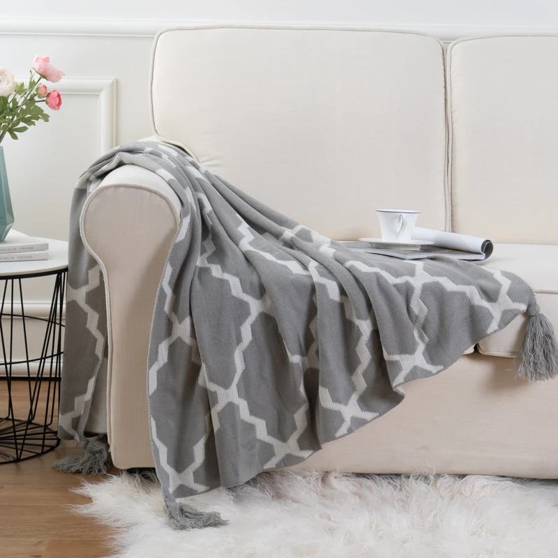 Мягкое вязаное пледовое одеяло с геометрическим узором и кисточкой 50 дюймов на 60